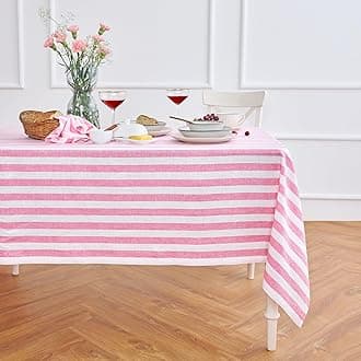 Solino Home Linen Square Tablecloth 52 x 52 Inch - Sorrento Stripe, 100% Pure Linen Chateau Rose and White Table Throw - Machine Washable Tablecloth for Valentines, Spring, Easter