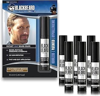 Beard Color – 1-Day Beard, Mustache, Eyebrow, Sideburns Color – Temporary Facial Hair Tint - Hypoallergenic Beard Dye Alternative – Up to 45 applications– Light/Medium Brown, 6 Pack