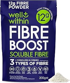 12g Soluble Fibre Supplement, 40% NHS Daily Intake, 3in1 Fibre Powder : Inulin Acacia FOS, 3 Types of Fiber. 200g Bag. 2 Servings =12g Fiber. Well Within, for Women, Men, Kids, Dissolves in Drinks