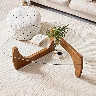 Glass Coffee Table for Living Room, Triangle Coffee Table with Tempered Glass Top & Wood Legs, Mid Century Coffee Tables, Brown Walnut Center Tables for Bedroom Reception Office