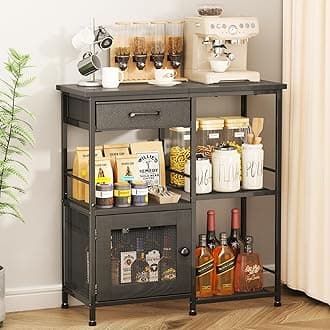 Coffee Bar Cabinet for Home - Farmhouse Coffee Stand Station Multi-Purpose Storage Cabinet with Adjustable Feet, Drawers - Kitchen Bar Table for Living Room, Corner, Small Space, Black
