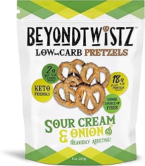 BeyondTwistz Low Carb Pretzels, Sour Cream and Onion, Keto Friendly, 2g Net Carbs, 18g Protein, Powered By HealthSense® High Fiber Wheat Flour, Family Size 8oz Bag, Pack of 3