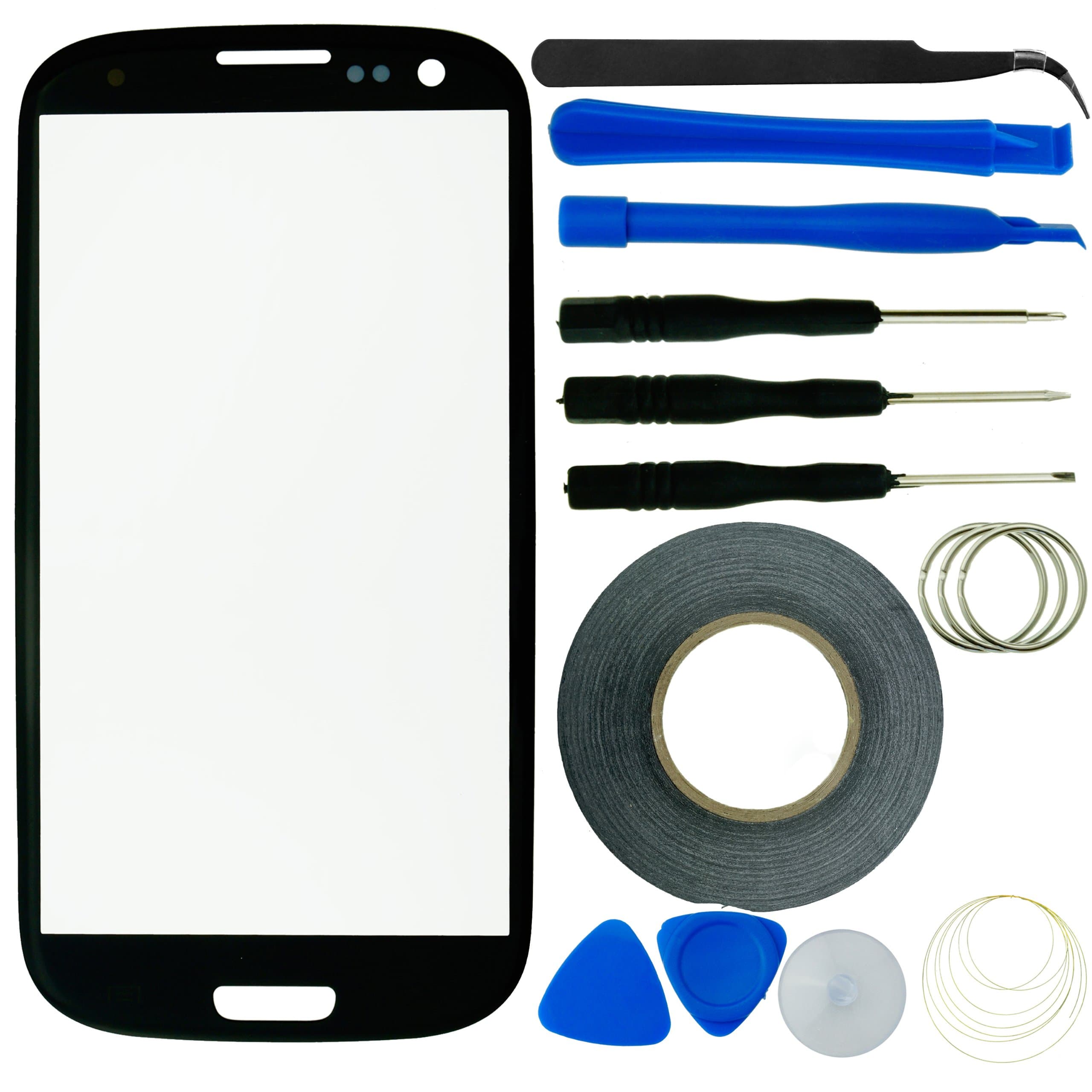Samsung Galaxy S3 Screen Replacement Kit including 1 Replacement Screen for Samsung Galaxy S3 9300 / 1 Pair of Tweezers / 1 Roll of Adhesive Tape / 1 Tool Kit / 1 ECO-FUSED Microfiber Cleaning Cloth Black AD