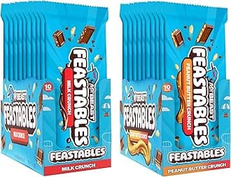 MrBeast Feastables Milk Crunch & Peanut Butter Crunch Bars Combo Pack, King Size, 20 Count, Crispy & Creamy Candy, Fairtrade Cocoa, 2.1oz Each