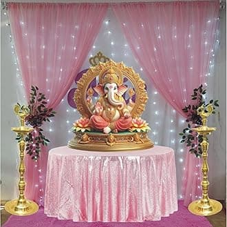 Lazybeee Fabric 11Pcs White & Pink Backdrop Rod Pocket Net Sheer Curtain For Decoration With Leaf String & Light For Ganpati Decoration For Home|Backdrop Curtains For Decoration, Varalakshmi, Diwali