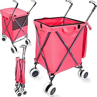 Wellmax WM99100 Series Folding Shopping Cart with Wheels, Grocery Cart with Removable Canvas with Cover, Lightweight Utility Cart for Groceries and Laundry - Holds up to 120 lbs (Pink)
