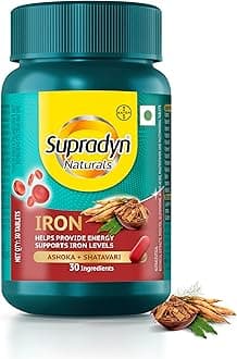 Supradyn Naturals Iron (30 tablets) with 3X Iron, Ashoka, Shatavari, Zinc, Vitamin C, Folic Acid, 30 vital nutrients, Supports Blood Health & Provides Energy, Veg