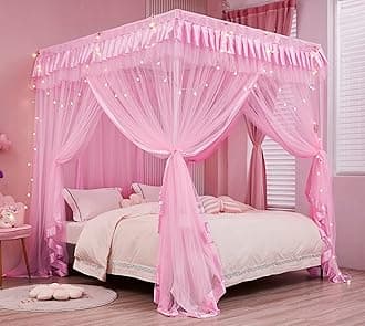 Mengersi Canopy Bed Curtains for Girls & Adults - Royal Luxurious Cozy Drape Netting - Cute Princess Bedroom Decoration Accessories(Pink, California King)