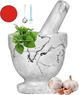 Mortar and Pestle Marble Set for Spices Pestos Seasonings Pastes Guacamole Bowl Herb Grinder Easy to Clean Included:Silicone Mat,Brush,Stainless Steel Spoon 4.33inch(Small,White Gray)