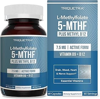 L Methylfolate 7.5mg plus Methyl B12 - Active 5-MTHF Form, MTHFR Supplement - Bloodstream Ready Methylated Folate + B12 Cofactor - Supports Mood, Homocysteine Methylation, Cognition (60 Capsules)