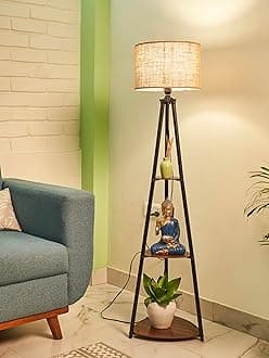 Crosscut Furniture Metal Floor Lamp with 3 Shelves (Brown Jute)