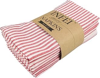 Plain Striped Cotton Linen Blended Dinner Cloth Napkins - Set of 12 (40 x 30 cm) - for Events & Home Use (Red)