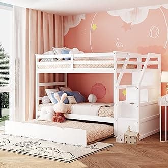 Twin Over Twin Bunk Bed with Storage Stairs, Wood Bunk Bed Frames with Trundle, No Box Spring Needed, White