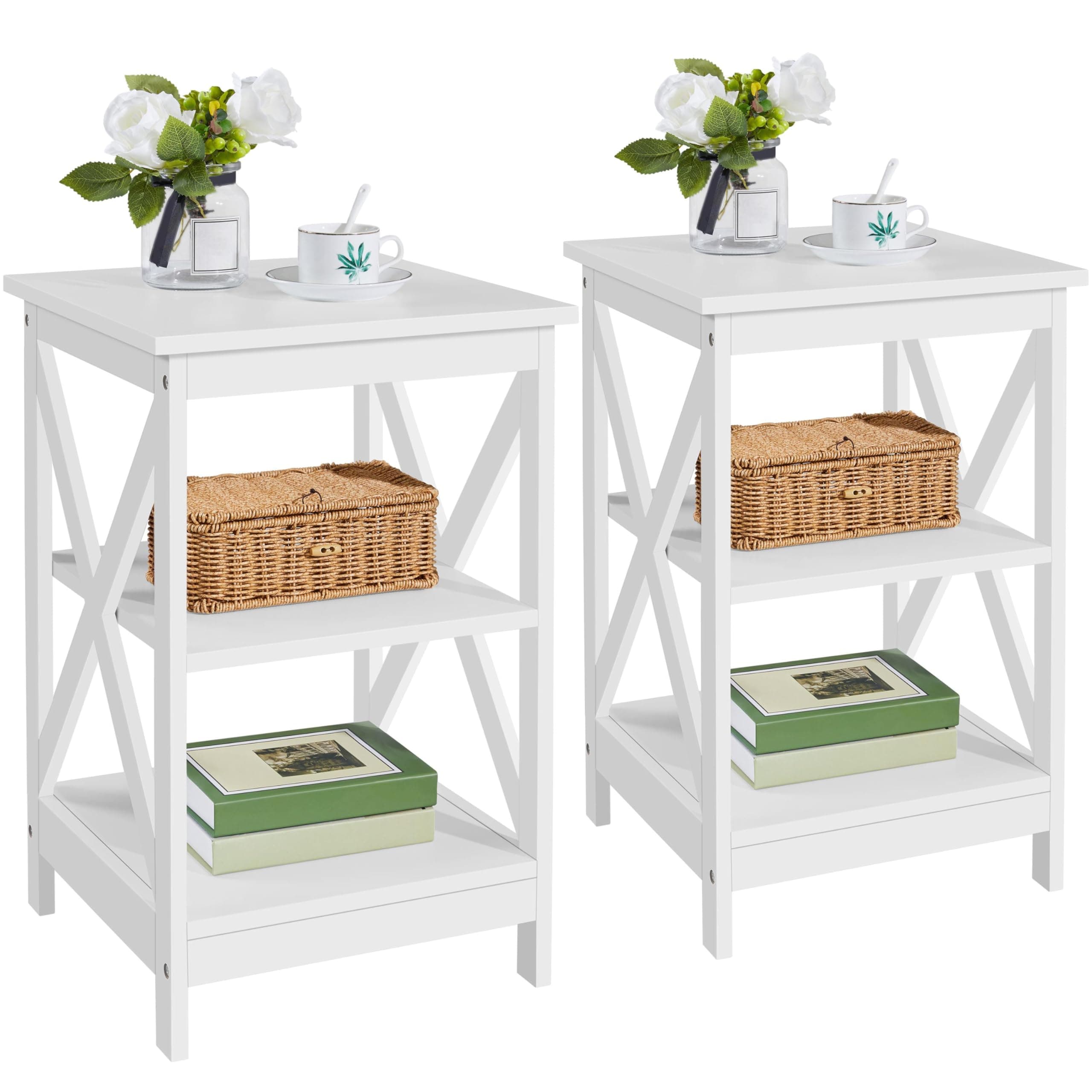 Yaheetech 3 Tier Wood End Table Sofa Side Table with Storage Shelves, X Design SideTable for Living Room, Set of 2, Easy Assembly, White
