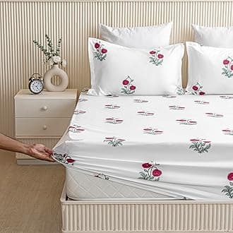 HOMEMONDE 100% Cotton Fitted Bed Sheet for Double Size Bed, Floral Printed All Around Elastic Bedsheet (78 x 60 Inches) with 2 Pillow Cover | Perfect for Home Decor & Gifting