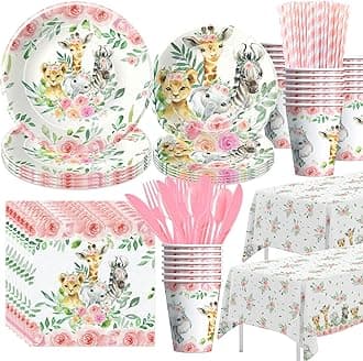 Safari Birthday Decorations Tableware Girl, Jungle Theme Party Supplies, Plate, Cup, Napkin, Tablecloth, Cutlery, Straw, Safari Jungle Animal Birthday Baby Shower Party Decorations | Serve 24