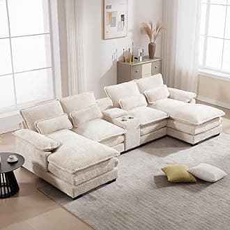 Sectional Couches for Living Room, 124.8" U Shaped Cloud Couch with Chaise for Sleeper, Beige Fluffy Chenille Couch with Console Plush Sofas for Apartment Dorm Office