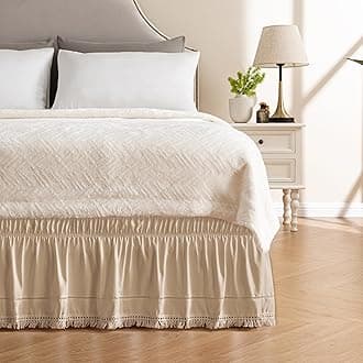 MIYE Wrap Around Ruffled Lace Bed Skirt, Elastic Dust Ruffle with Adjustable Belts, Easy to Put On, Bed Frame Cover, Machine Washable (Tassel Ruffle/Beige, King/Queen-18 Drop)
