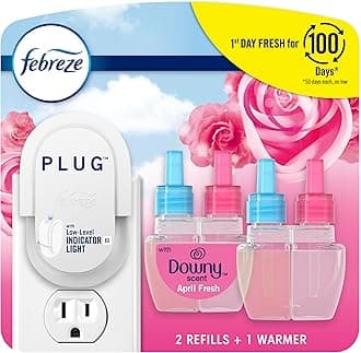 Plug-In Air Freshener, Odor-Fighting Scented Oil Starter Kit, Air Fresheners for Home and Bathroom and Kitchen, Long Lasting for Strong Odors, Downy April Fresh Scent, Warmer + 2 Refill