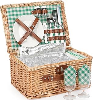 ZORMY Wicker Picnic Basket for 2 Person, Willow Hamper Basket Sets with Insulated Compartment, Handmade 2 Person Picnic Basket for Camping - GreenCheck