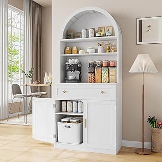 71" Tall Arched Kitchen Pantry Cabinet, Modern Kitchen Storage Cabinets with Hidden Drawer and Spacious Countertop, Wooden Storage Pantry Cabinet for Living Room, Dining Room, White