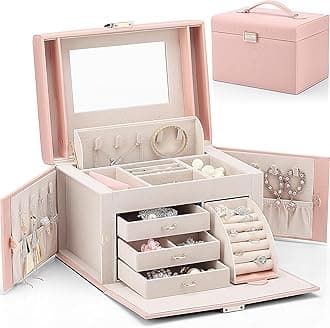 Vlando Jewelry Box Organizer for Girls Women, Large Baroque Jewelry Holder Organizer with Mirror, 3 Drawers for Bracelets, Earrings, Rings, Necklaces, Mothers Day for Loved One, Pink