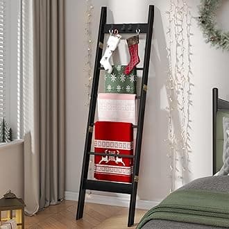 Hzuaneri Blanket Ladder for Living Room, Decorative Quilt Rack with 4 Removable Hooks, 6-Tier Farmhouse Ladder Holder Shelf Organizer for Bedroom, Black BR31504B