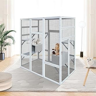 71'' Catio Outdoor Cat Enclosure, Large Wood Cat House, Wooden Walk in Cat Shelter Platforms, 7 Jumping Platform & 2 Napping Resting Box