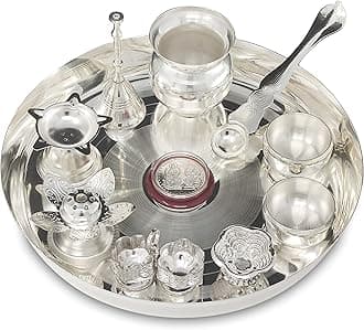 Silver Plated Pooja thali Set 8 Inch with Plate Kalash Bowl Agarbatti Stand Palli Diya Kumkum Stand Coin Ghanti Puja Thali for Diwali Home Mandir Office Wedding Return Gift Items
