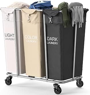 PLKOW Laundry Sorter 3 Section, 220L Large Laundry Cart with Wheels 3 Hamper Laundry Sorter with Steel Frame and Removable Bag, Rolling Laundry Cart for Home, Laundry Room, Hotel, 6 Bushel