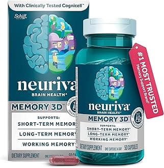 NEURIVA Memory 3D Brain Supplement - Decaffeinated Nootropic Capsules for Memory, Focus, & Cognitive Function - Short Term, Long Term, & Working Memory Support - 50ct