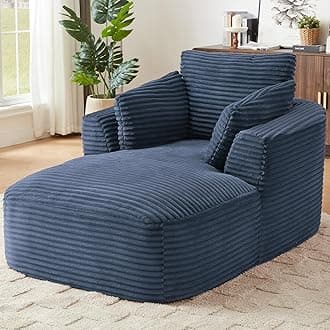 45” Chaise Lounge Chair Indoor, Corduroy Oversized Chaise Lounge with 3 Pillows for Bedroom Living Room, Boneless Chair with Armrest, No Assembly Required (Blue)