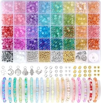 Funtopia 1400 pieces glass beads, 6 mm, 34 colours beads for bracelets, beads set for bracelet crafts