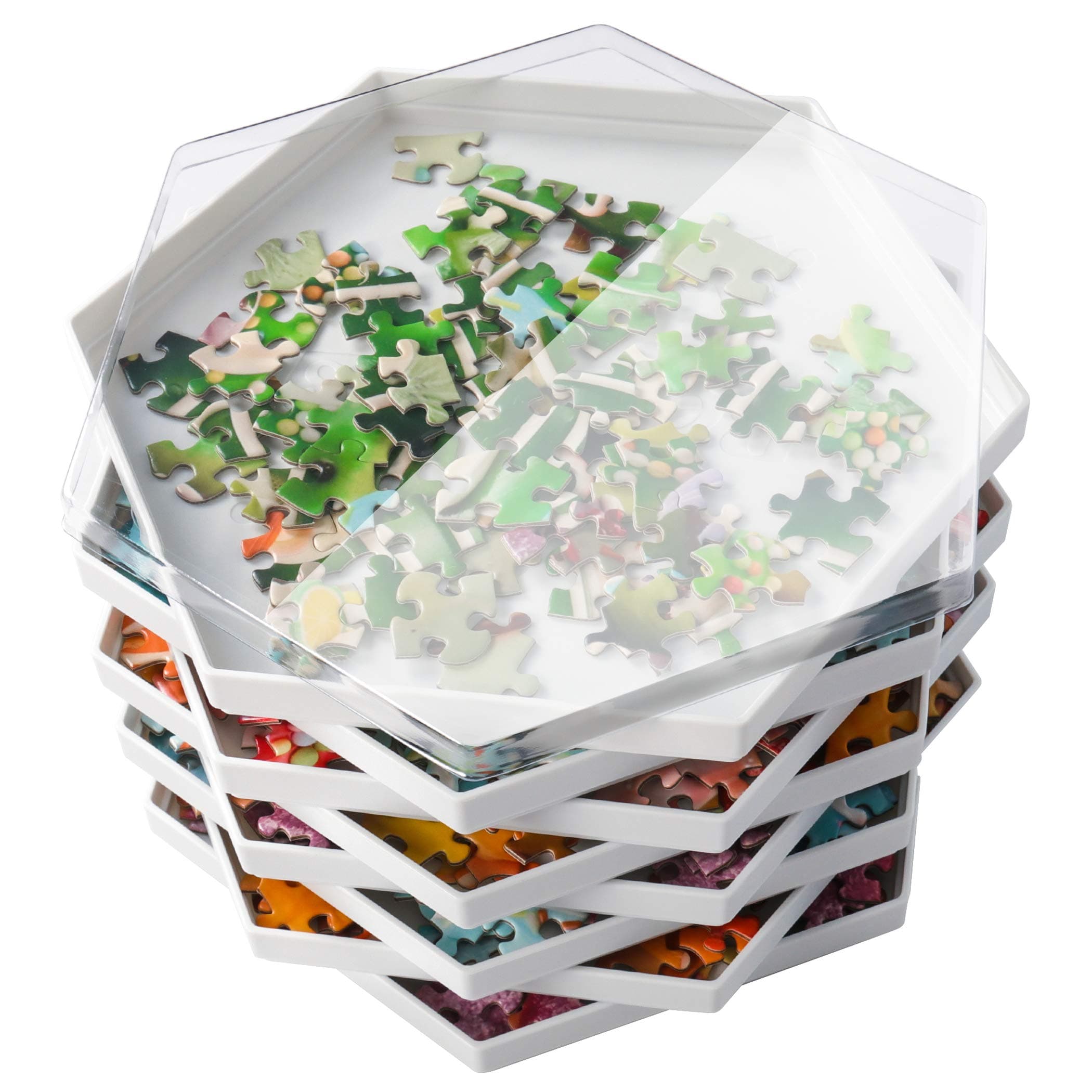 Stackable Puzzle Sorting Trays Jigsaw Puzzle Sorters with Lid Puzzle Accessory for Puzzles Up to 1500 Pieces, 8 Hexagonal Trays (White)