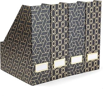 BLU MONACO | Set of 4 Black & Gold Geometric Magazine File Holders with Gold Label Holders | Stylish Vertical File Organizer Boxes for Desk, Bookshelf & Office Storage