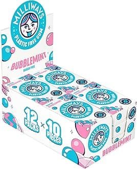 Bubblemint Chewing Gum, Plastic Free, Sugar Free, Aspartame Free, Natural | 12 Packs of 10 Pieces (120 Pieces Total) | Xylitol, Plant-Based, Biodegradable