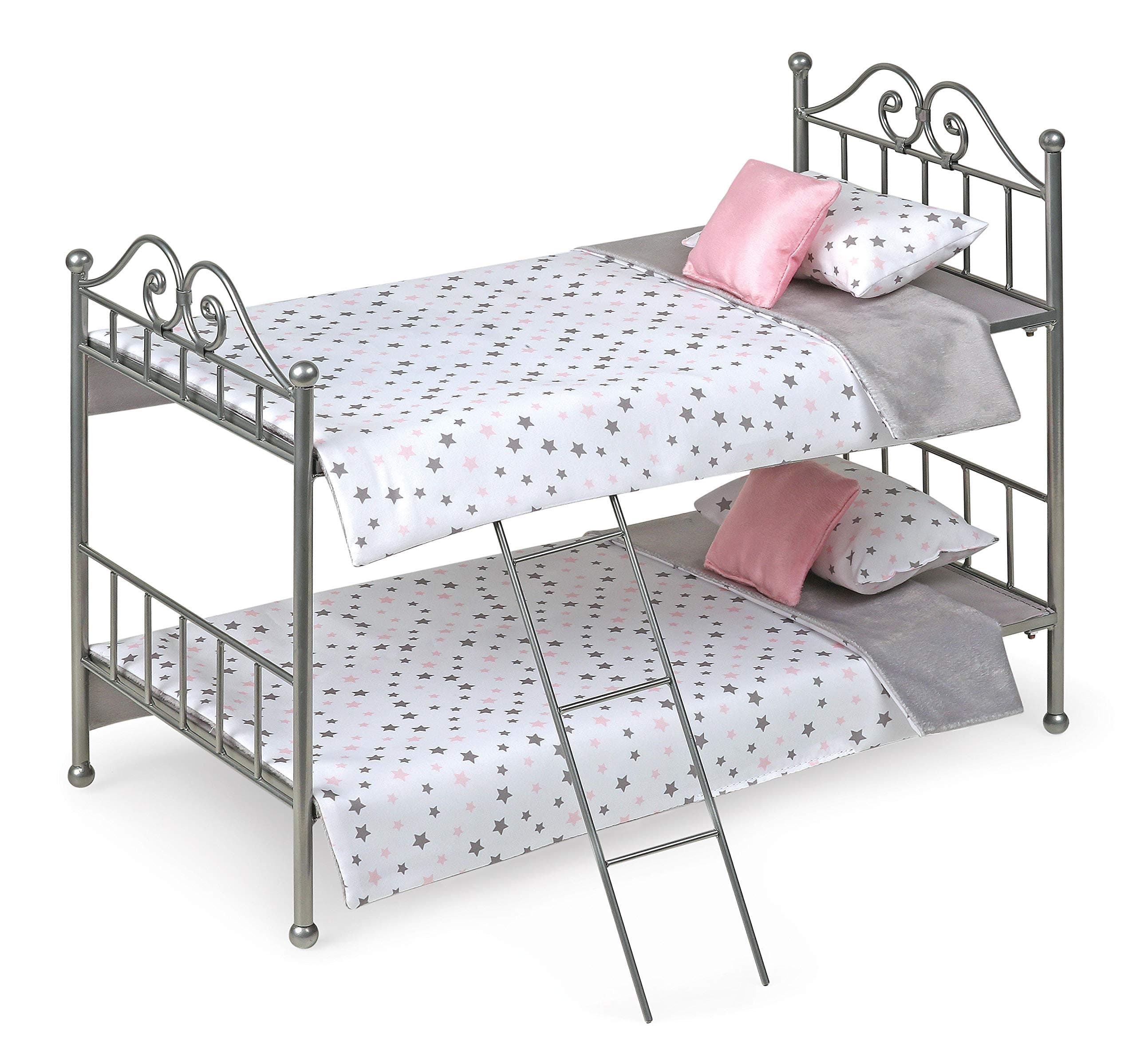 Metal Doll Bunk Bed - Scrollwork Frame with Ladder, Reversible Bedding and Pillows - Fits 18 Inch Girl Doll Furniture - Silver and Pink Stars