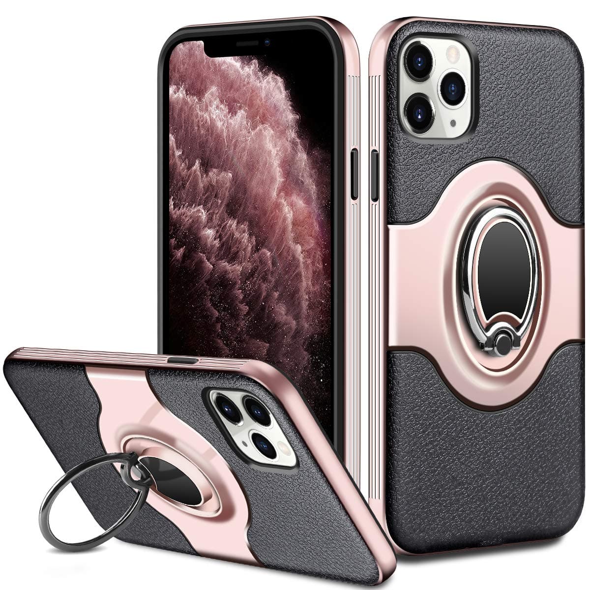 ELOVEN Case for iPhone 11 Pro Max Case with Ring Holder 360 Degree Rotation Stand Work with Car Mount Slim Fit Shockproof Non-Slip Hybrid Dual Layer Protective Case for iPhone 11 Pro Max, Rose Gold