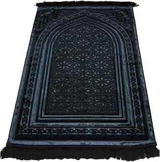 Luxury Velvet Prayer Rug with Prayer Beads | Soft Elegant Muslim Turkish Janamaz Sajada Carpet for Men and Women | Plain Solid Prayer Mat Ramadan Eid Gift - Najma (Black)