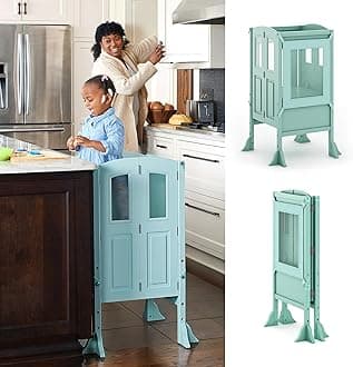 Kitchen Helper ® Toddler Tower - Mint: Premium Kids Wood Foldable Kitchen Platform, Adjustable Height Safety Step Stool for Toddlers with Non-Slip Mat, Mostly Assembled