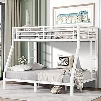 Twin Over Full Bunk Bed Frame, Heavy Duty Metal Loft Bed for Adults/Teens, 250/350LB Capacity w/Ladder & Guardrail, Noise-Free Steel Slats, No Box Spring Required, White