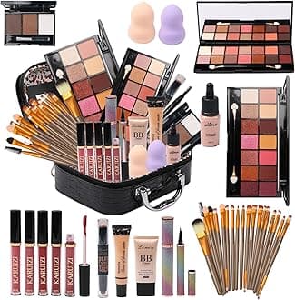 All in One Makeup Kit for Makeup storage bag 2X14 Colors Eyeshadow Palette Liquid Foundation Eyeliner Pencils Contouring Stick Lip Gloss 20Pcs Make up Brushes For Women Girls Teens (Black)