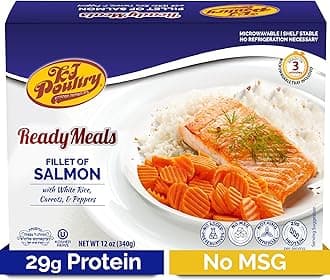 KJ Poultry Kosher Ready Meals - Salmon Fillet Fish, Parve MRE Meal Ready to Eat, Protein Food, Halal, (1 Pack) Prepared Entree Fully Cooked, Shelf Stable Microwave Dinner, Travel, Military, Camping
