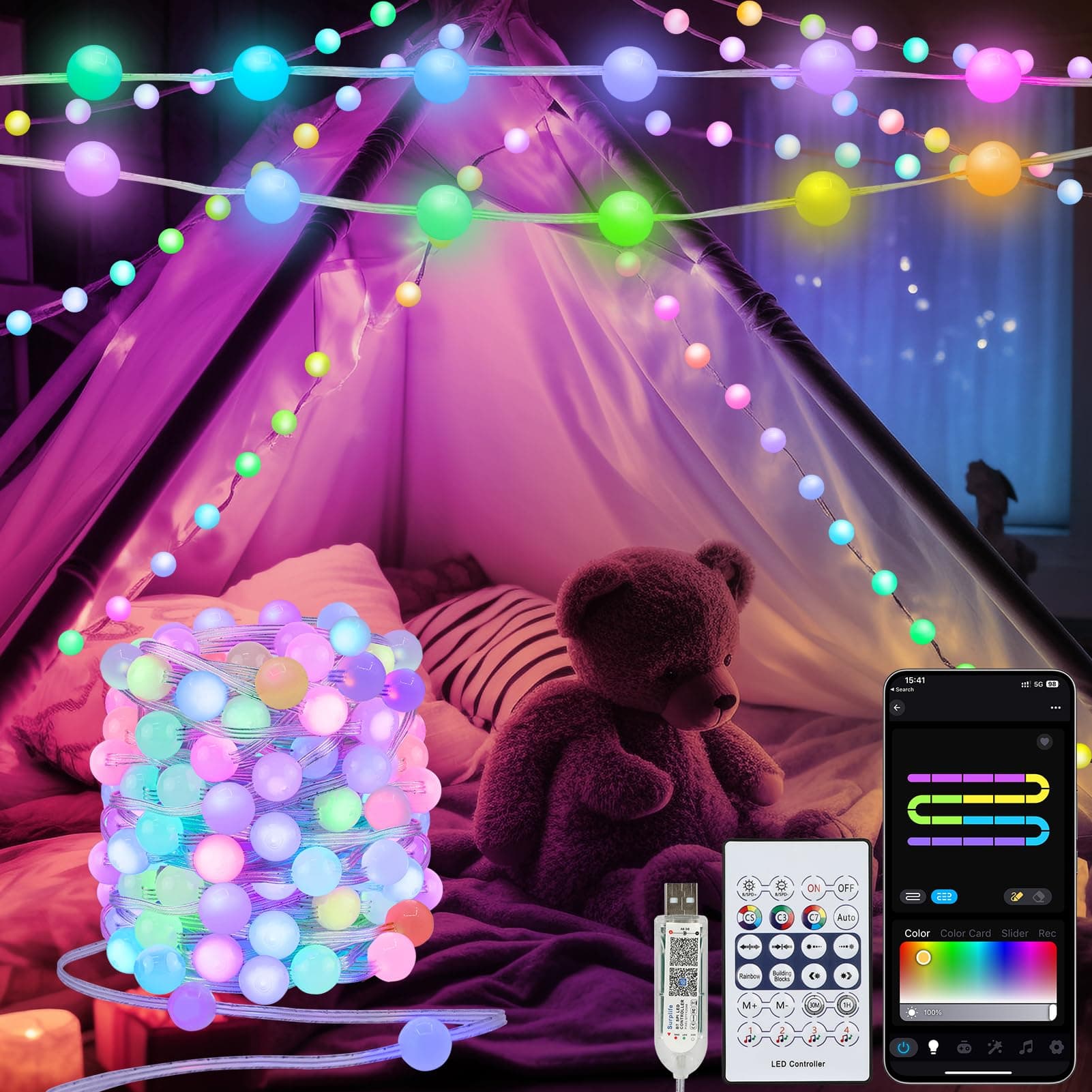 Smart Globe String Lights RGB Built in Chip, 33Ft 16 Million Color Changing String Fairy Lights APP & Remote Control DIY Music Sync Twinkle Lights for Bedroom Christmas Party Outdoor Home Decor