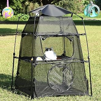 WilwolferCat Playpen Kitten Cat Tower Tent for Indoor and Outdoor, 2 Doors and 3 Tiers Breathable Mash Cat Cage Tent, with Adjustable Harness Leash, Colorful Tease Ball for Small Animal