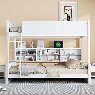 Wood Bunk Bed Full XL Over Queen Size with Built-in Storage Cabinets and USB Ports, Versatile Bunk Bed Frame with Ladder and Guardrail for Kids Teens Adult, Maximize Space (White-F-Q)