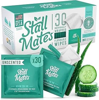 Stall Mates Wipes - Flushable Wipes, Individually Wrapped, Travel Friendly, Unscented with Cucumber, Vitamin-E & Aloe, (30 on-the-go singles)