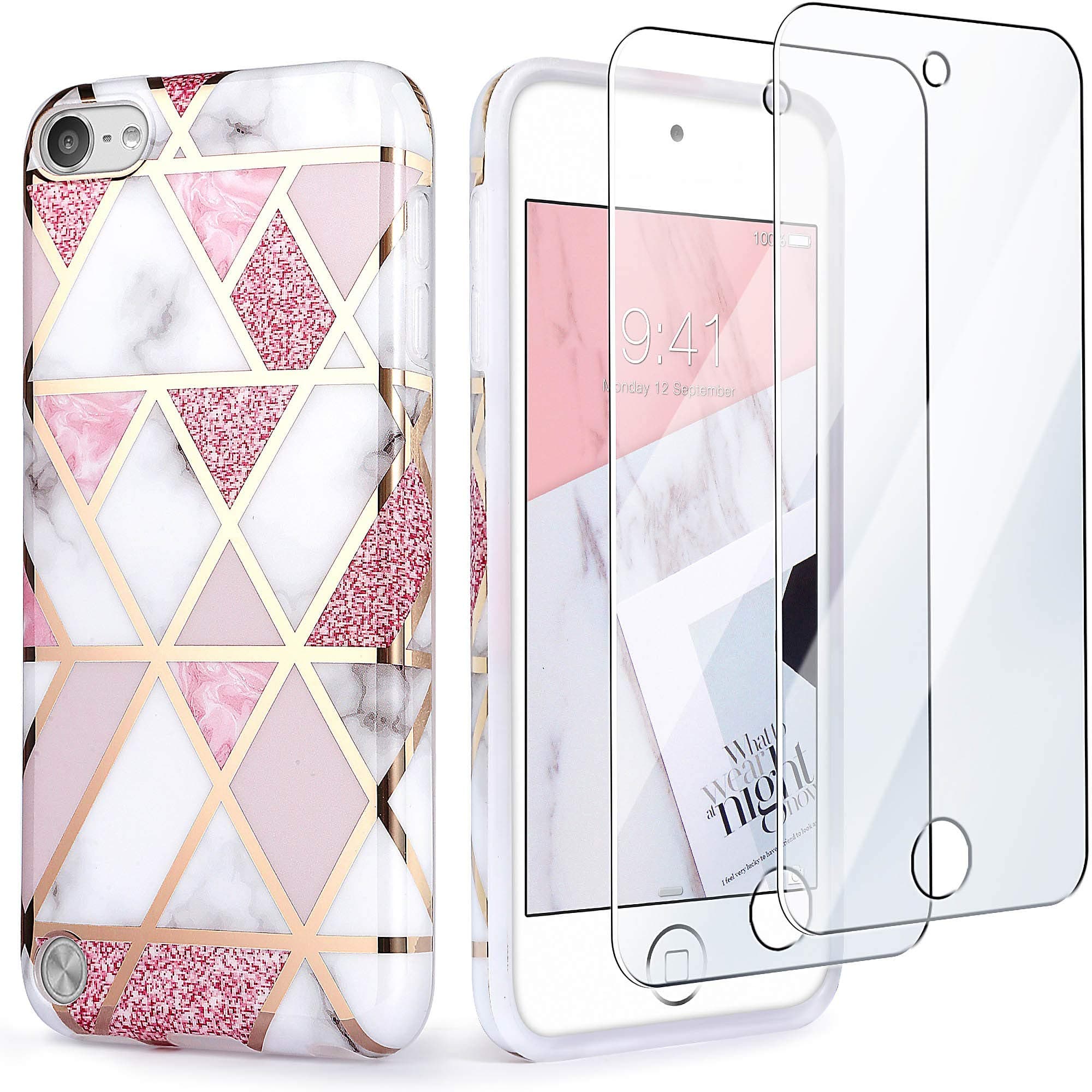 IDWELL for iPod Touch 7th Generation Case with 2 Screen Protectors, for iPod Touch 5/6th Generation Case, Slim FIT Anti-Scratch Flexible Soft TPU Bumper Protective Case, Glitter Pink Marble Plating