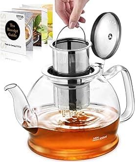STNTUS Glass Teapot, 40 oz. / 1200 ml for Loose Tea, With Infuser and Stainless Steel Strainer, Stovetop Safe, 4-6 Cups