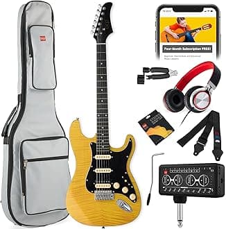 Best Choice Products Beginner HSS Electric Guitar Kit w/Headphone Amp, Padded Gig-Bag, Headphones, Guitar Strap - Natural Flametop/Black